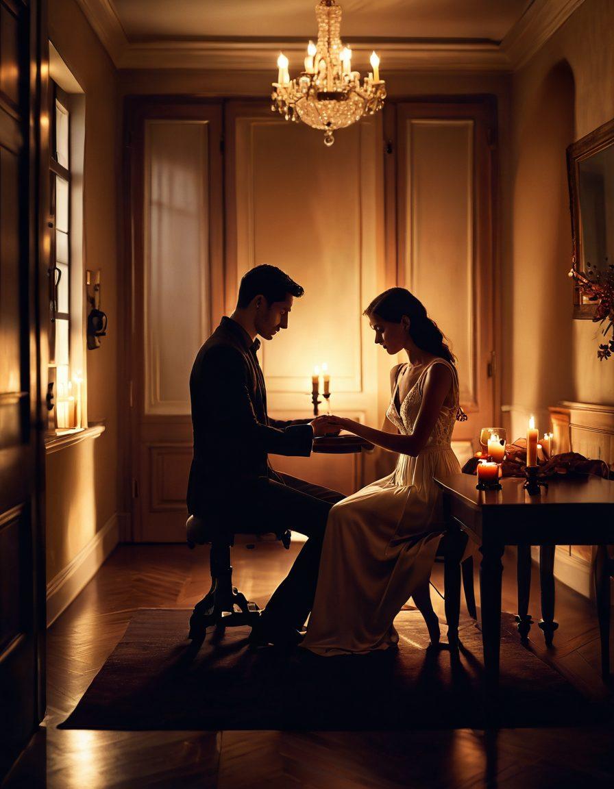 A mysterious and intimate setting featuring a softly lit room, with a couple sharing a secretive, passionate moment. The background includes subtle hints of locked doors and shadows, suggesting hidden desires and discretion. Add elements like warm candlelight and delicate fabrics to enhance the romantic atmosphere. The couple should radiate connection and allure without showing their faces. super-realistic. warm tones. soft focus.