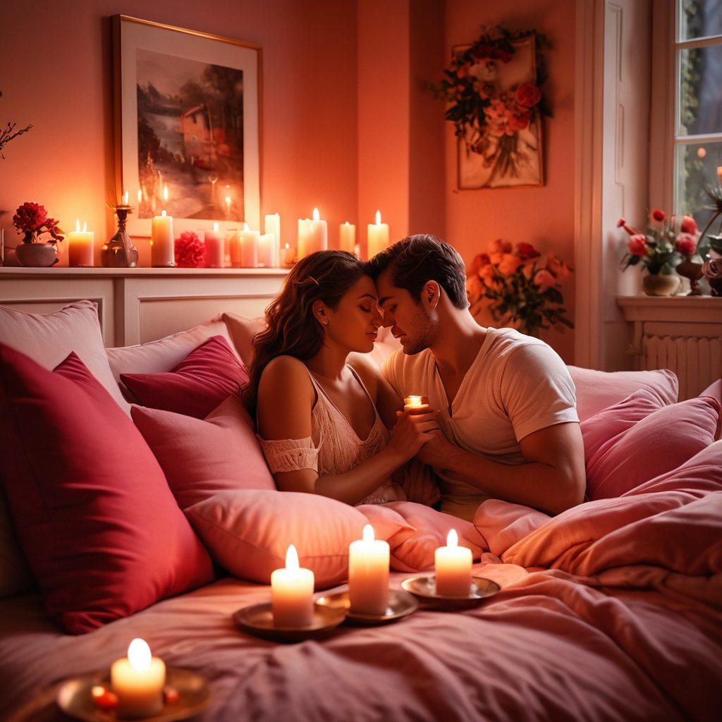 A romantic scene featuring a couple intimately communicating in a softly lit room, surrounded by flickering candles and lush pillows. Subtle visual cues of whispers and unspoken desires, with gentle touches connecting them. Warm hues of red and pink creating an inviting atmosphere, suggesting closeness and intimacy. Add soft shadows to evoke mystery. semi-realistic. warm colors. cozy ambiance.