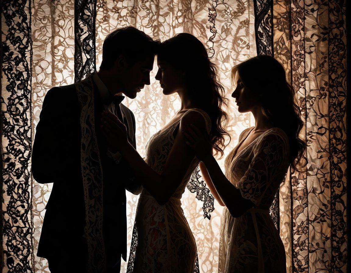 An elegant silhouette of two lovers partially hidden behind a delicate lace curtain, their hands almost touching but not quite. The background features abstract shapes representing secrecy and passion, with soft lighting creating a dreamy atmosphere. Incorporate whispers of colorful floral patterns to symbolize hidden emotions. surrealistic. soft pastels. moody lighting.